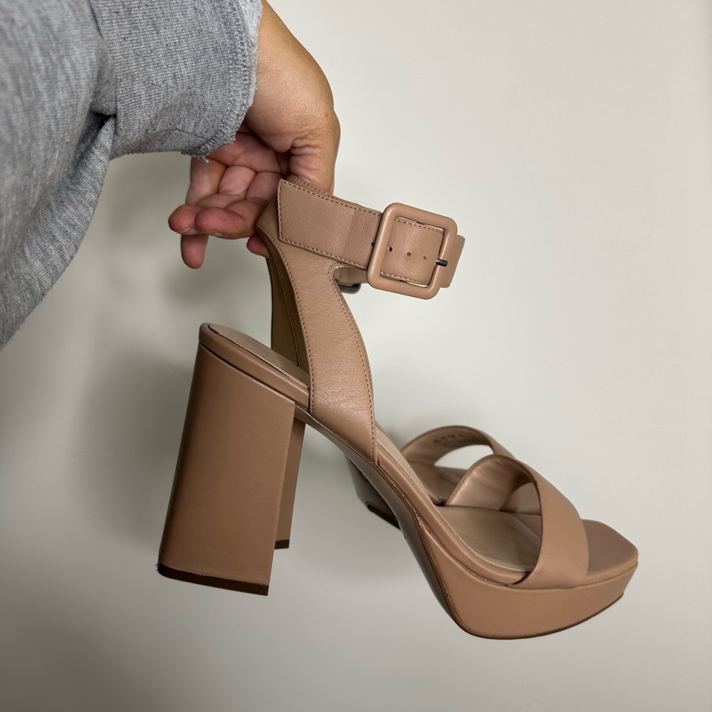 27 EDIT Neutral Nude Platform Block Heel Sandal with Buckle